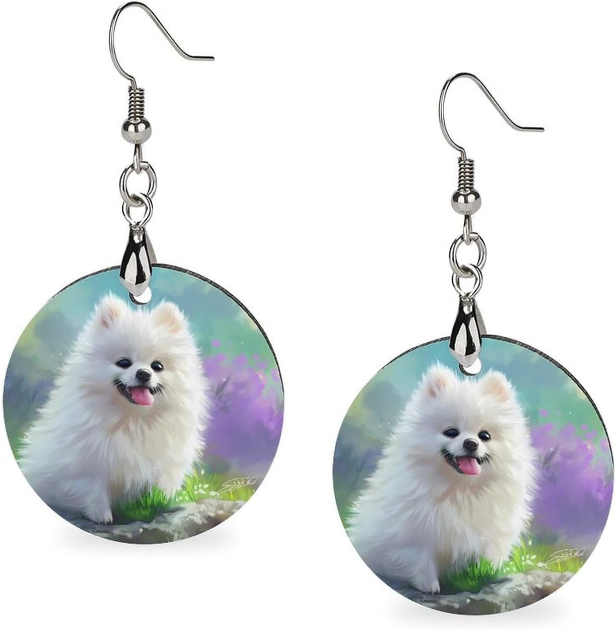White Pomeranian Dog Wooden Earrings for Women Boho Round Pendant Earrings Jewelry Custom Gifts - Image 2