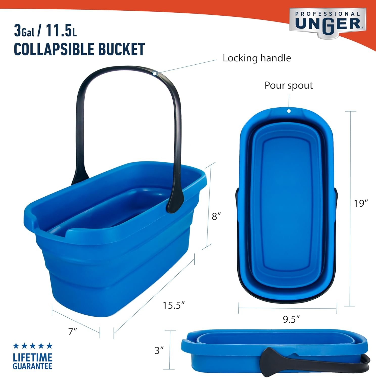 Unger Professional 3-Gallon Collapsible Bucket, Portable Household Cleaning Supplies, Small Washing Buckets with Handles, Essential Water Container and Storage Organizer Tool - Image 7