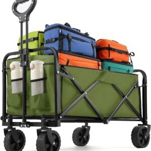 Collapsible Wagon 220 lbs, Heavy Duty Wagon Carts Foldable, Portable Wagons for Groceries, Beach Cart with All-Terrain Wheels & Drink Holders, Utility Wagons for Shopping, Sports, Camping, Green