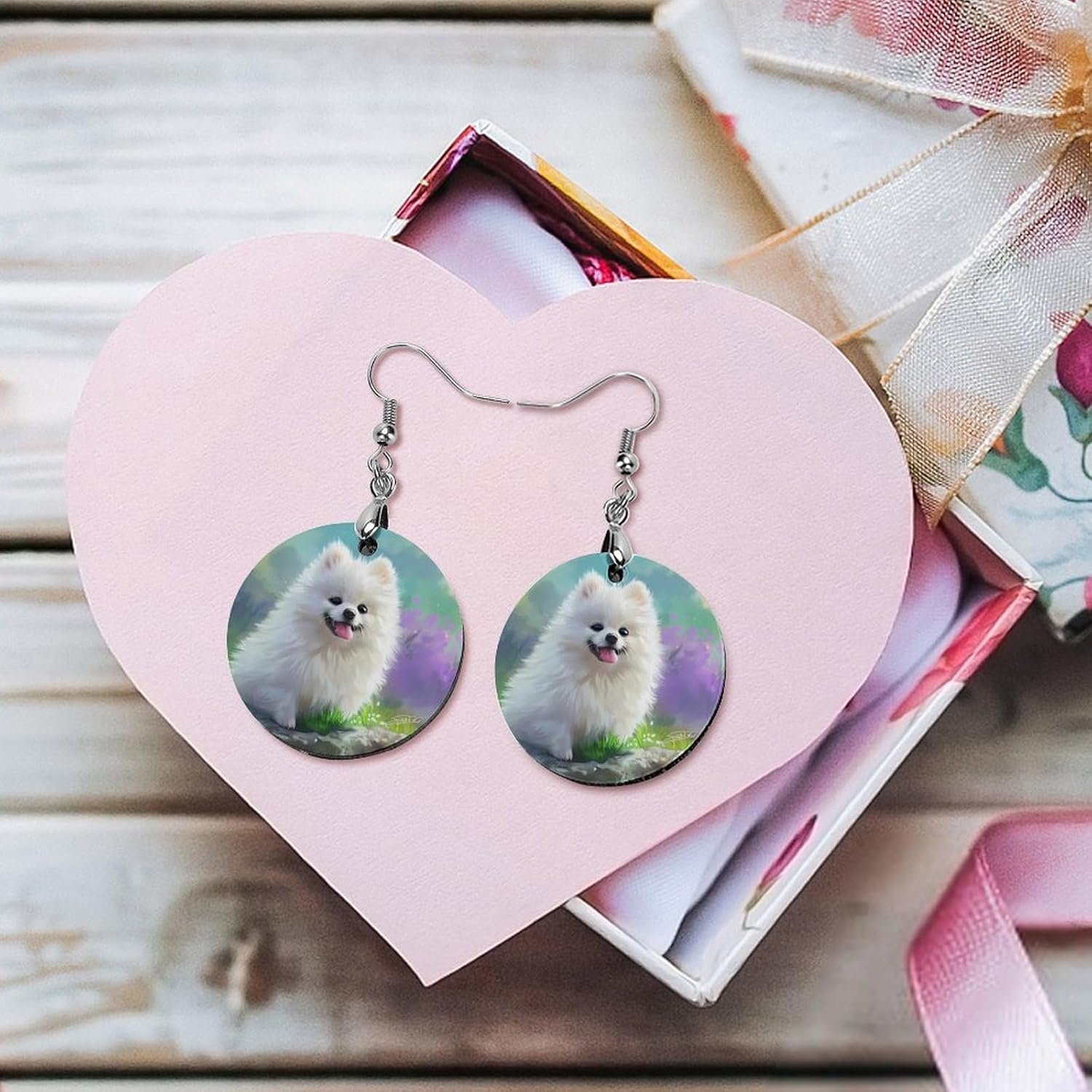 White Pomeranian Dog Wooden Earrings for Women Boho Round Pendant Earrings Jewelry Custom Gifts - Image 4