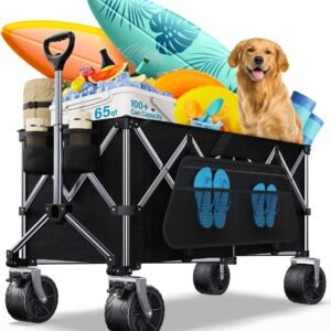 Collapsible Wagon, 440 lbs Foldable Wagons Carts with Big Wheels, Heavy Duty Folding Wagon for Beach/Garden/Camping/Grocery-Dark Black